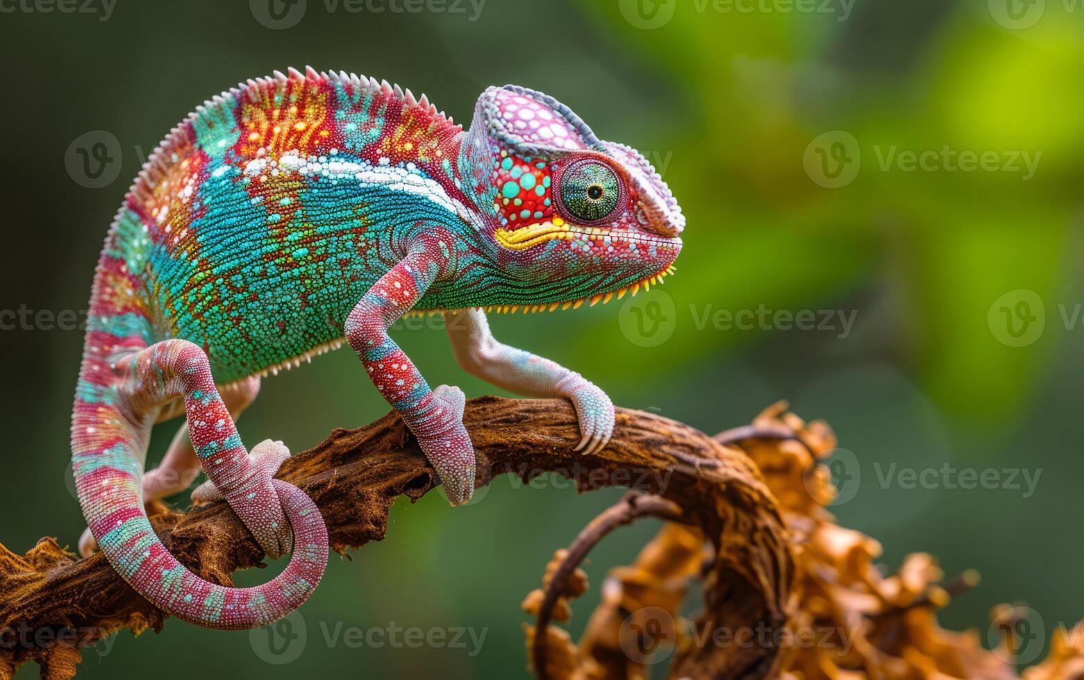 ai generato colorato camaleonte su verde ramo foto