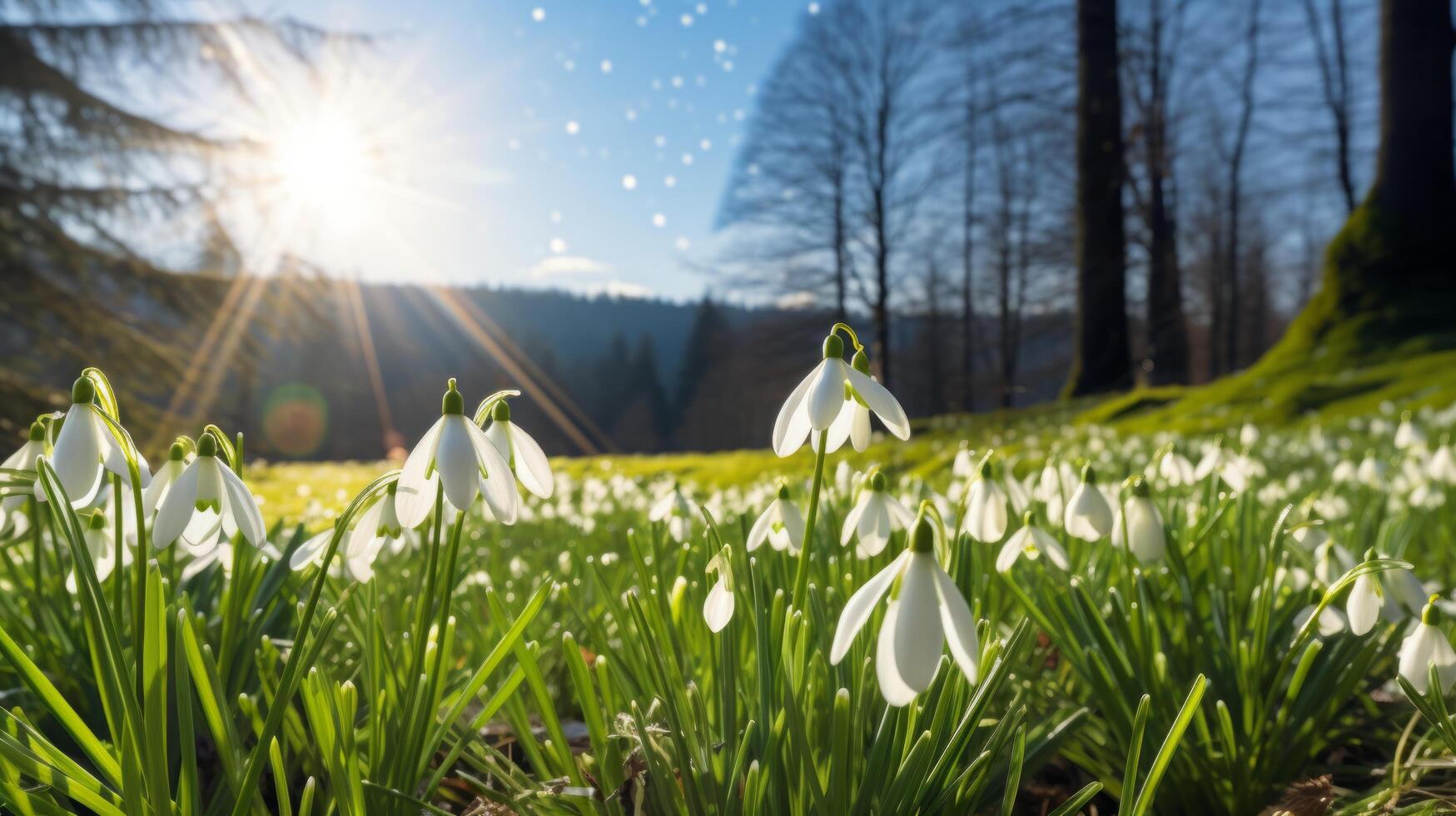 ai generato Alba al di sopra di prato fioritura con bianca fiori foto