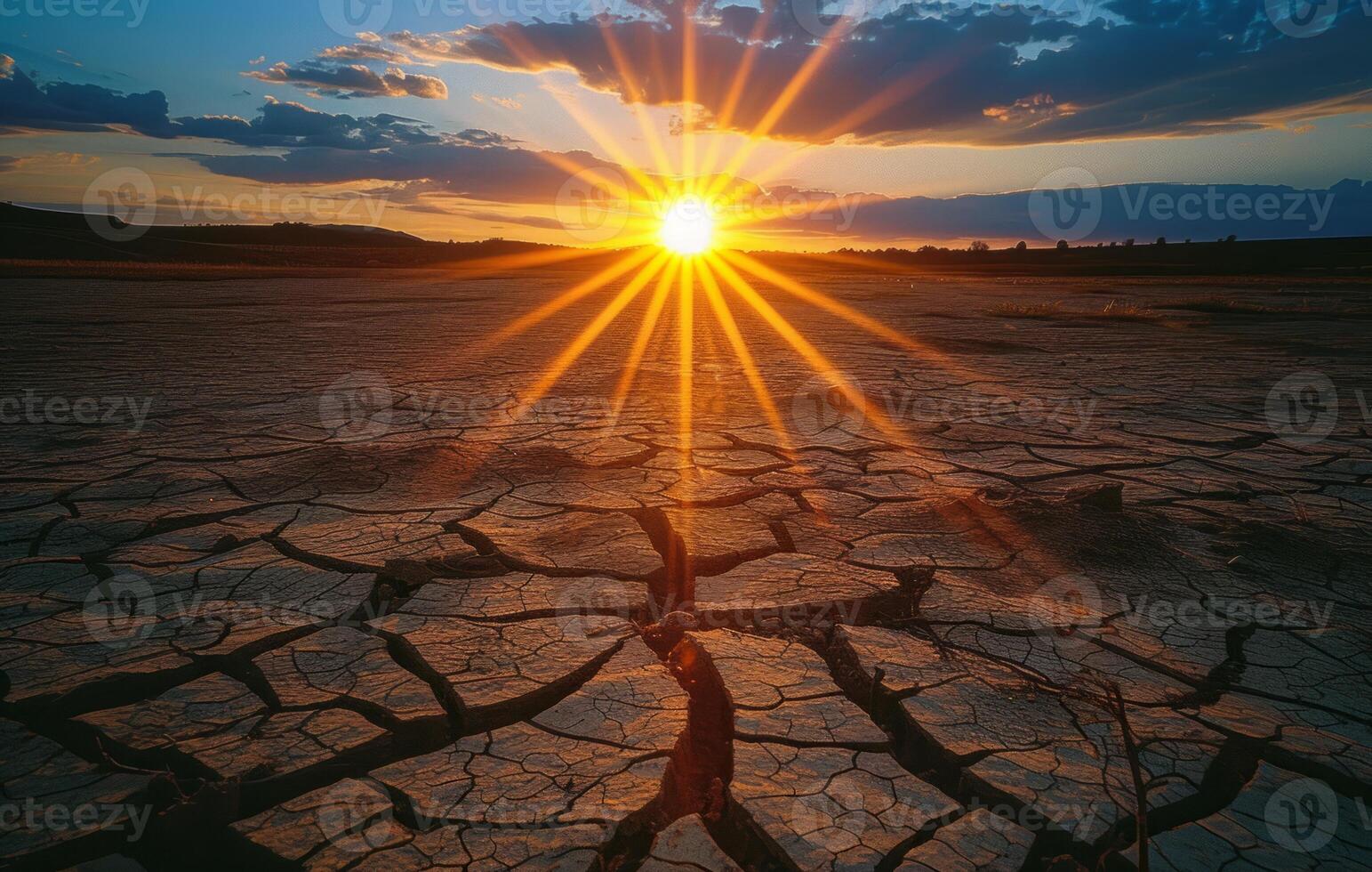 ai generato sole imposta al di sopra di riarso terra, estremo tempo metereologico eventi Immagine foto