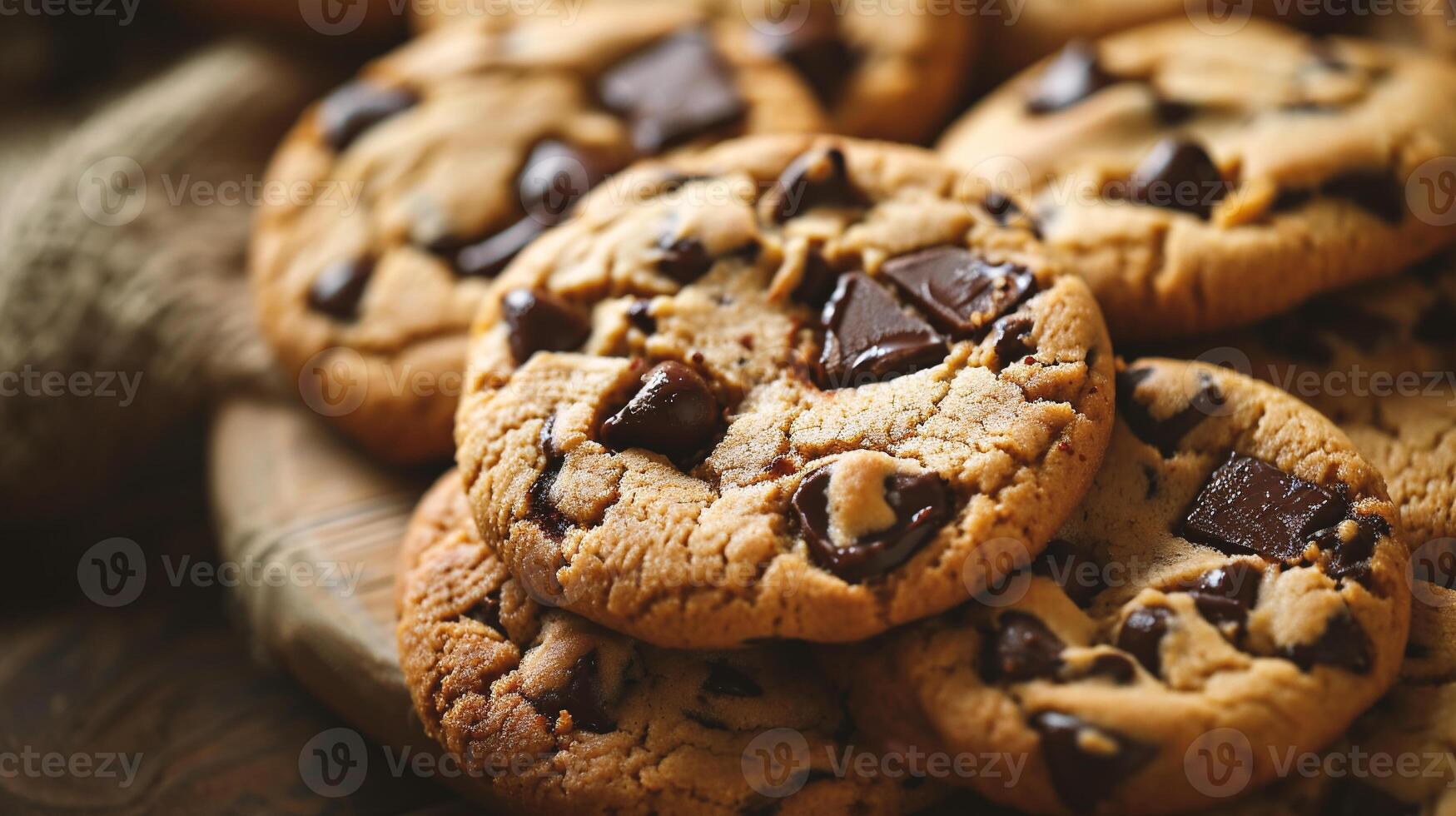 ai generato cioccolato patata fritta biscotti su cottura al forno carta, avvicinamento, selettivo messa a fuoco foto