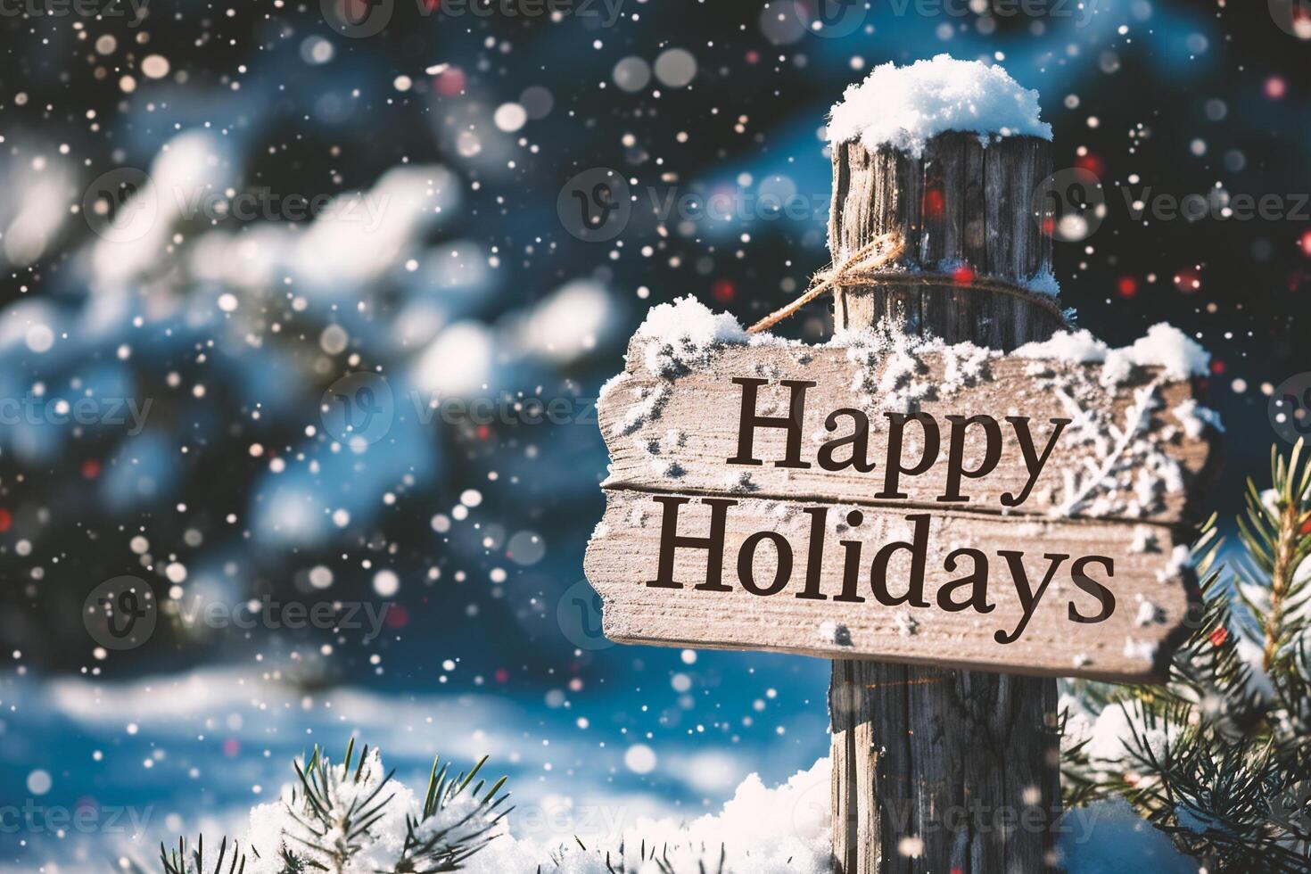 ai generato di legno cartello con contento vacanze testo su nevoso sfondo. Natale saluto carta. foto