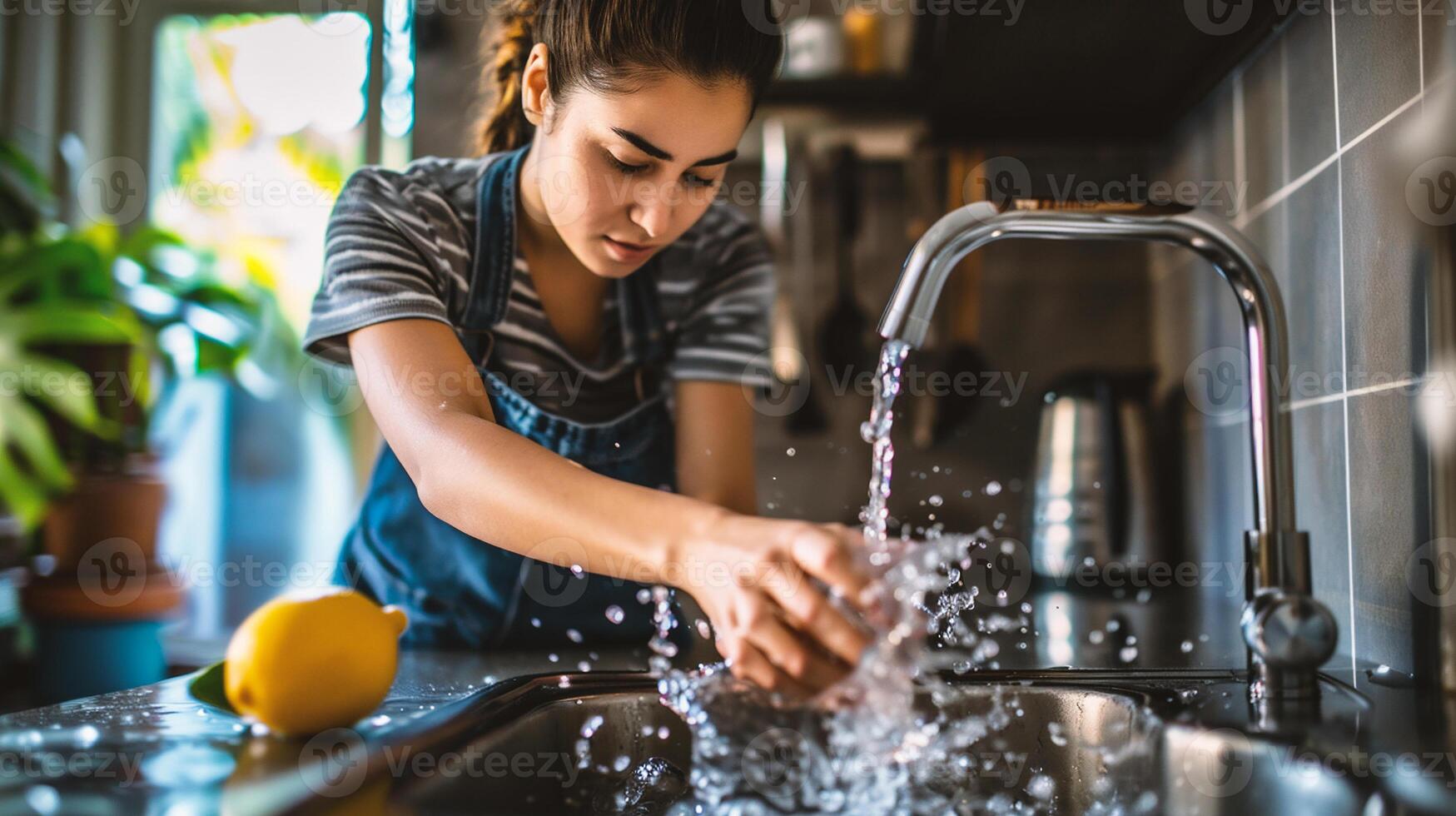 ai generato donna lavaggio mani sotto in esecuzione acqua nel cucina lavello, avvicinamento. foto