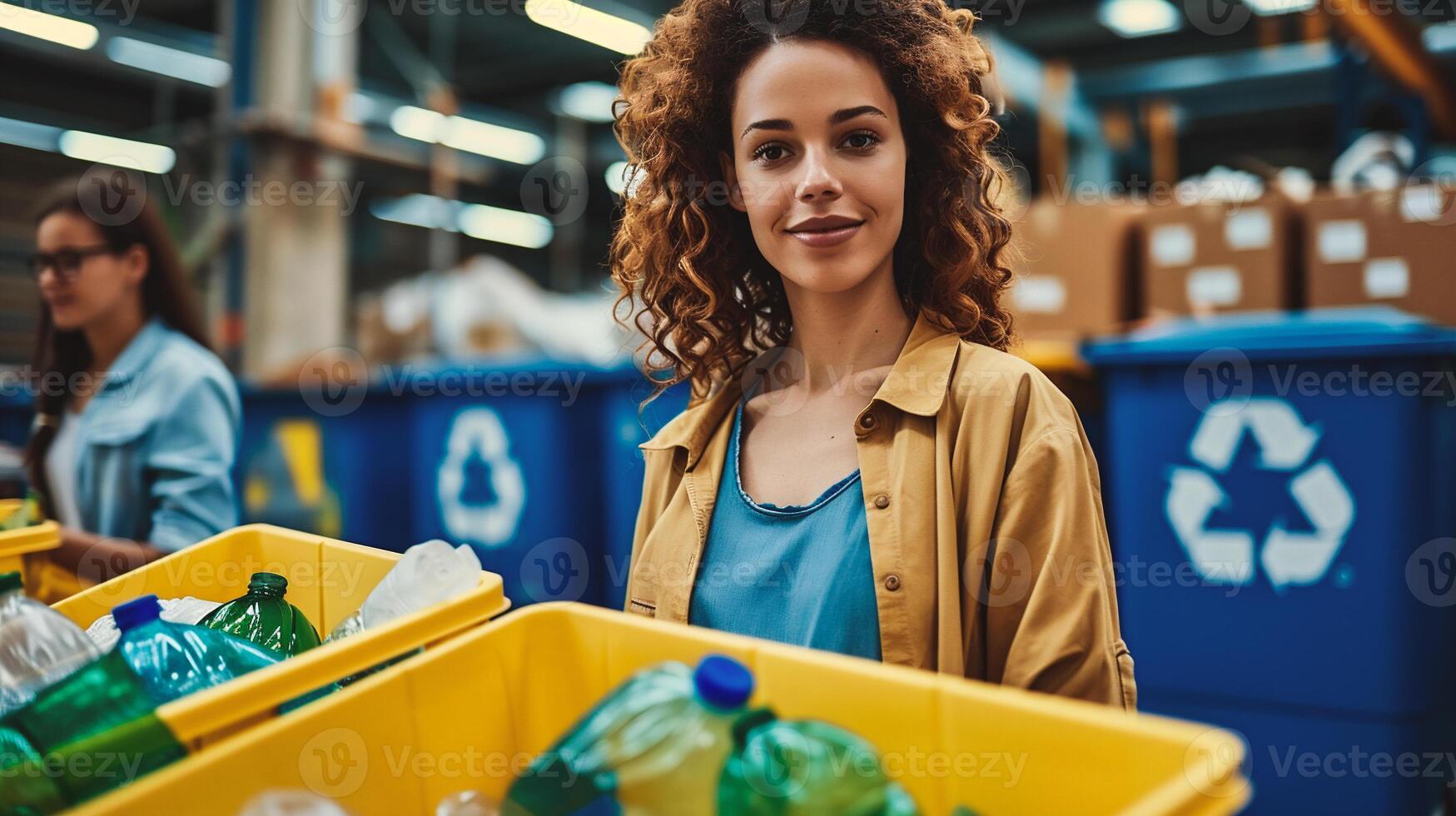 ai generato selettivo messa a fuoco di sorridente donna ordinamento plastica rifiuto nel riciclare bidone nel magazzino foto