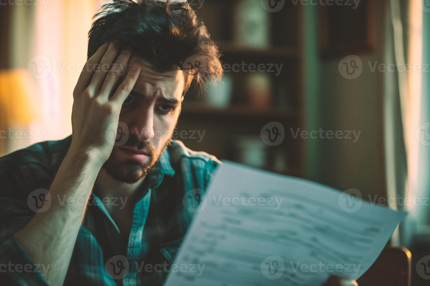ai generato ritratto di un' stressato giovane uomo lettura un' documento a casa. foto