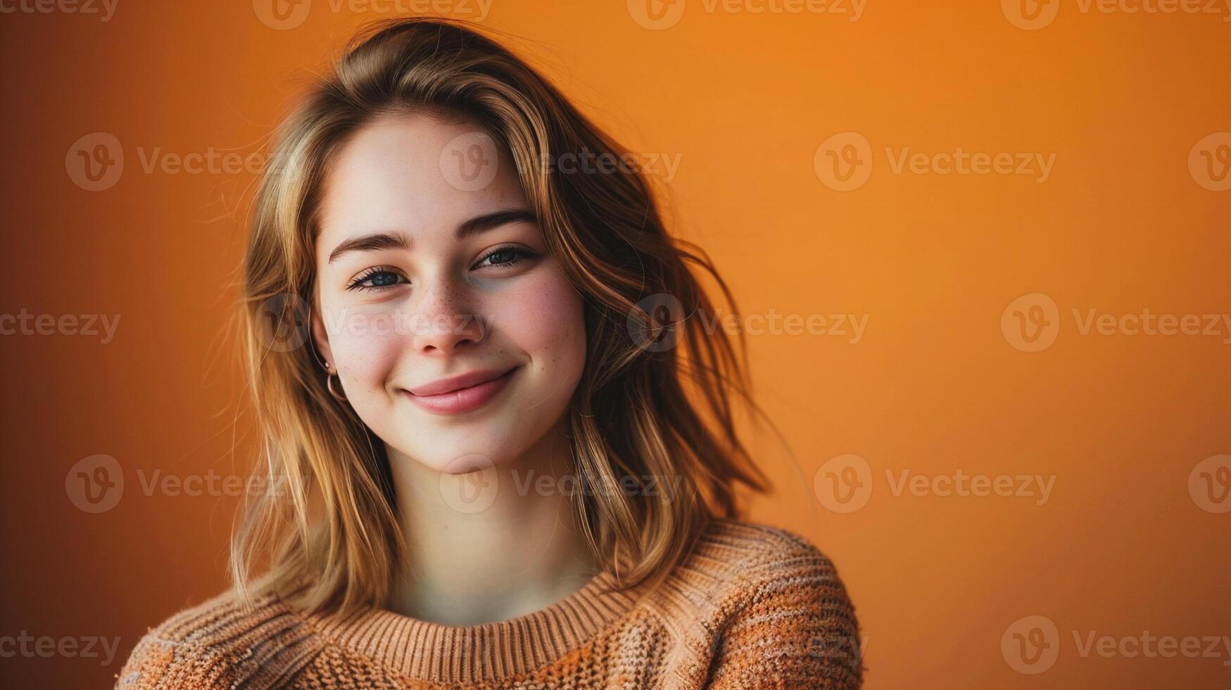 ai generato ritratto di bellissimo giovane donna sorridente a telecamera su arancia sfondo. foto