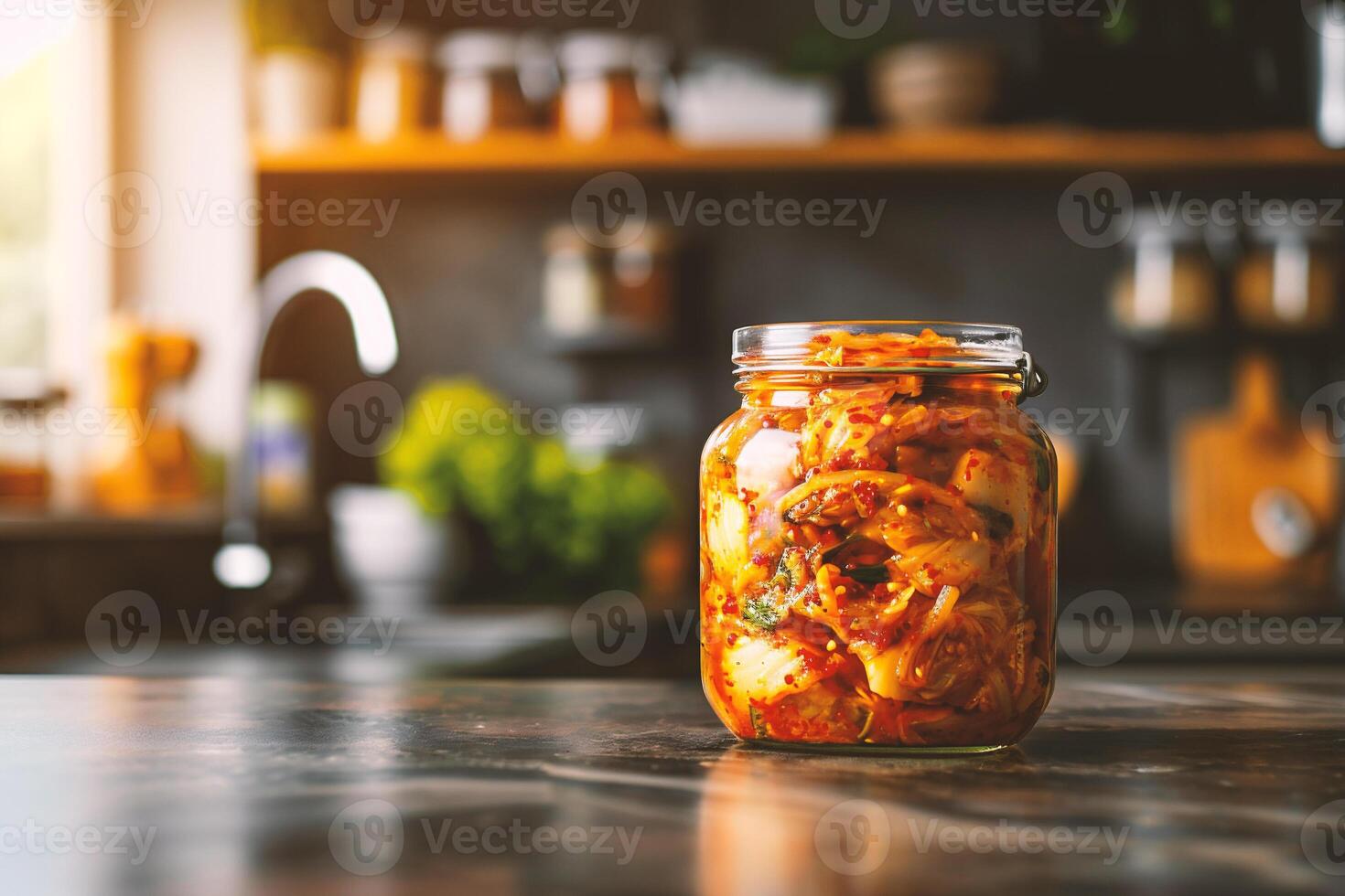ai generato kimchi coreano cibo su il tavolo nel il cucina - coreano cibo stile foto