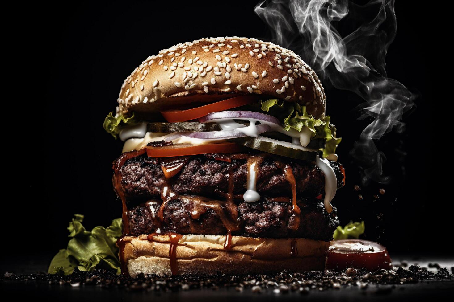 ai generato grande gustoso hamburger al formaggio con Manzo polpetta e verdure su nero sfondo foto