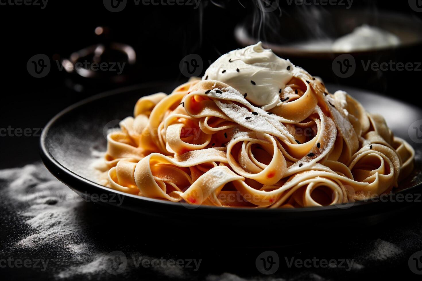 ai generato italiano pasta tagliatelle con crema salsa su un' nero sfondo foto