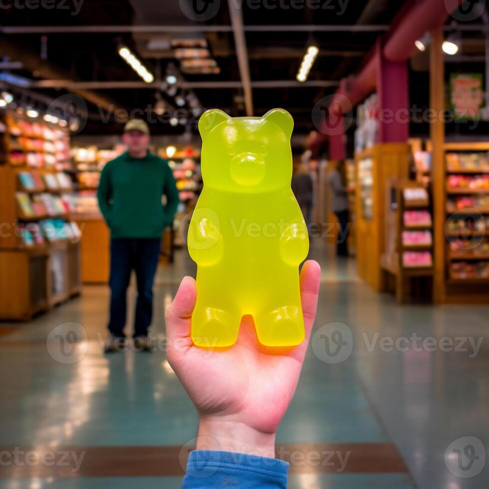 ai generato uomo Tenere un' giallo caramella orso nel un' supermercato. foto