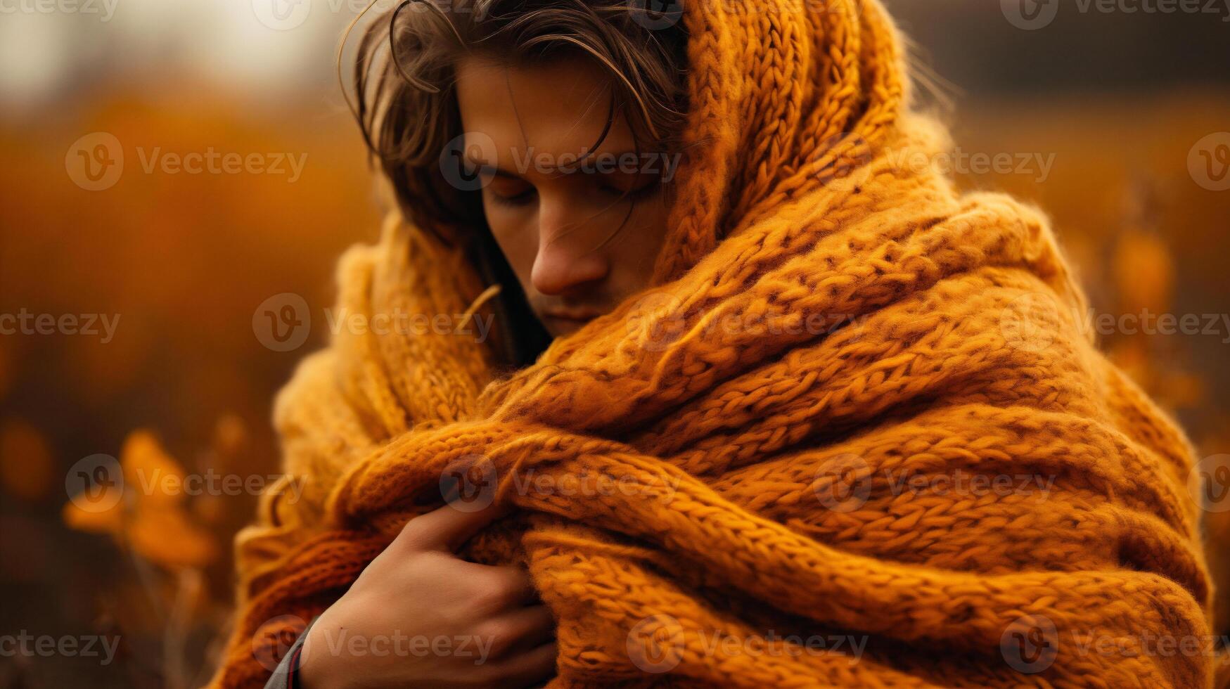 ai generato ritratto di un' giovane uomo avvolto nel un' caldo coperta nel il autunno parco. foto