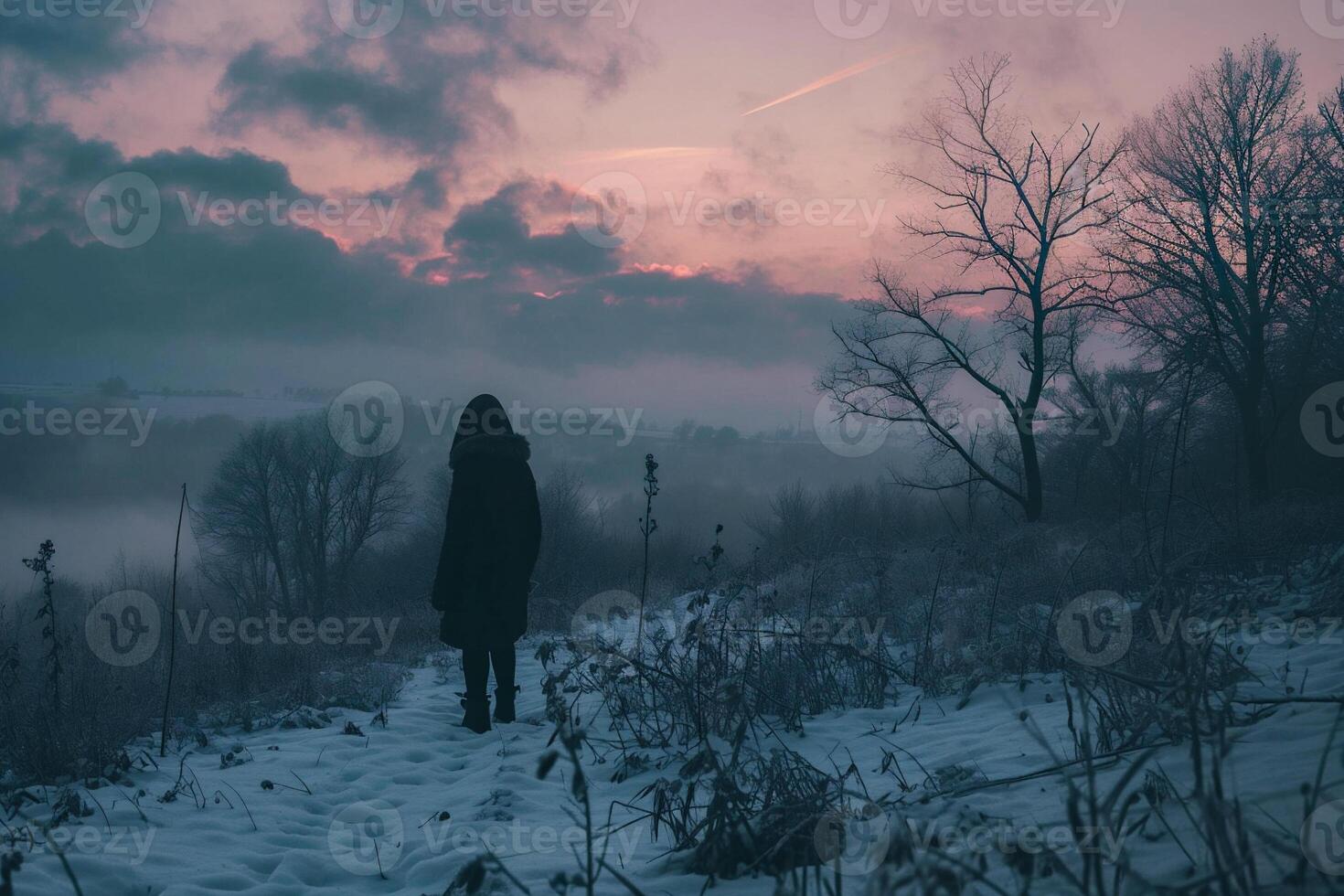 ai generato un' donna a piedi nel un' nebbioso inverno paesaggio nel il campagna. foto