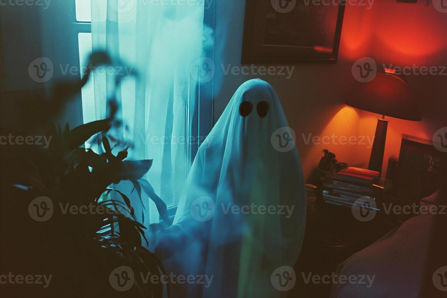 ai generato fantasma nel il camera, Halloween, orrore, Halloween foto