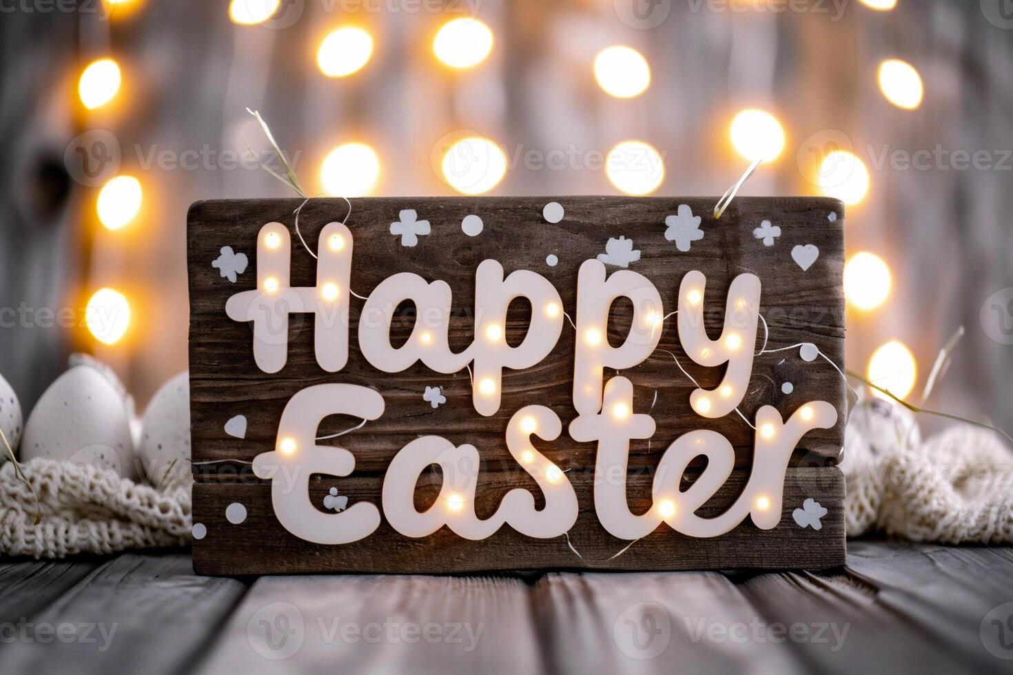 ai generato contento Pasqua saluto carta con bokeh luci su di legno sfondo. foto