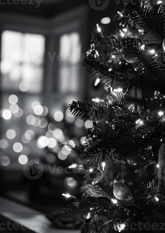 ai generato nero e bianca foto di Natale albero con luci e ghirlanda