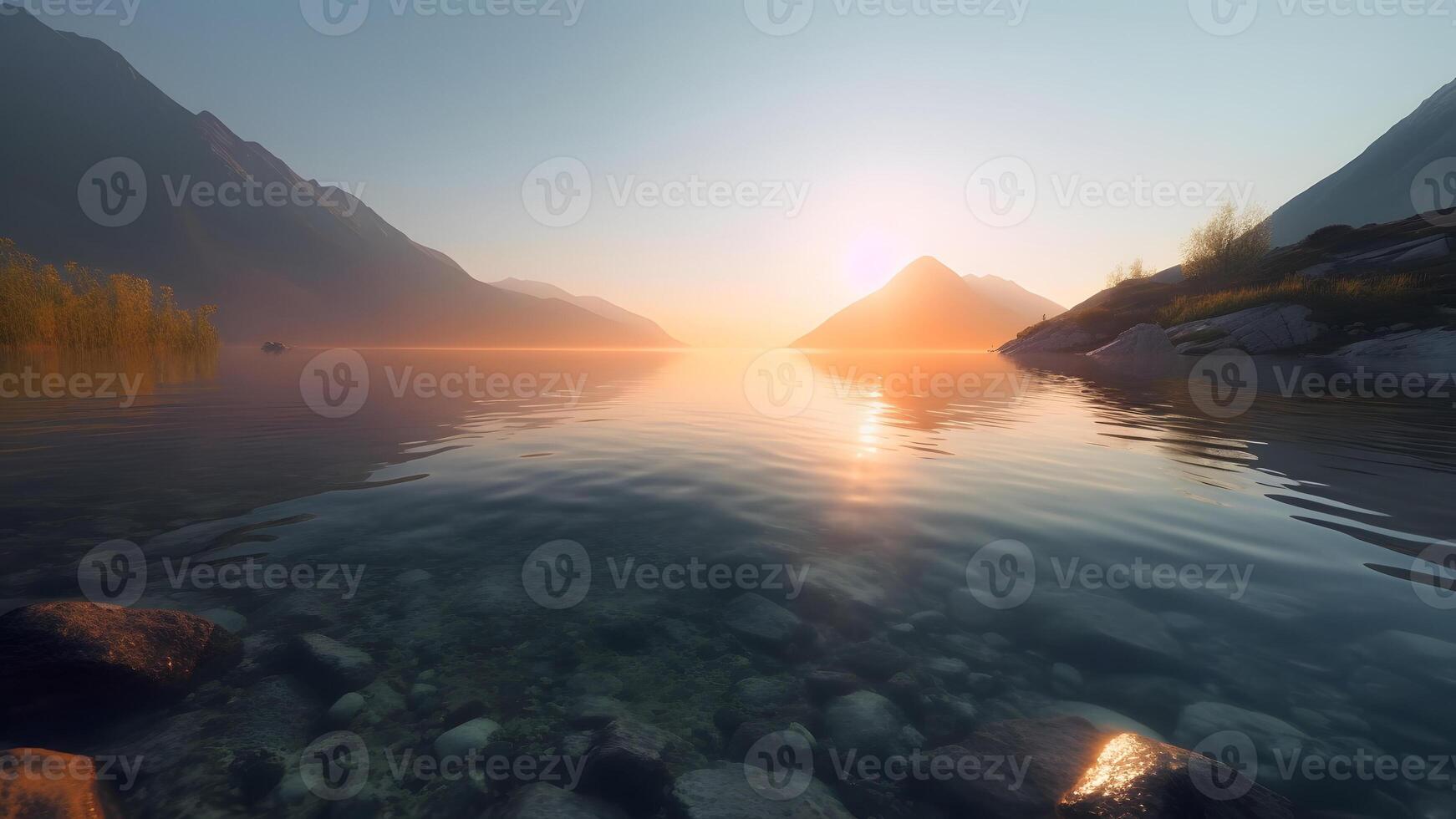 ai generato svizzero montagna lago con superficiale molto chiaro acqua a estate Alba, neurale Rete generato fotorealistico Immagine foto