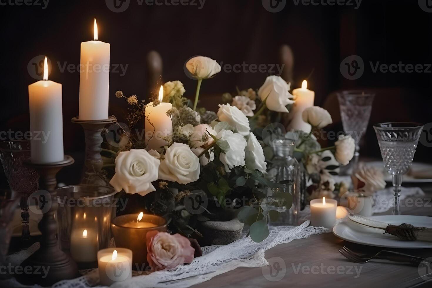 ai generato elegante nozze tavolo decorato con candele e fiori, neurale Rete generato Immagine foto