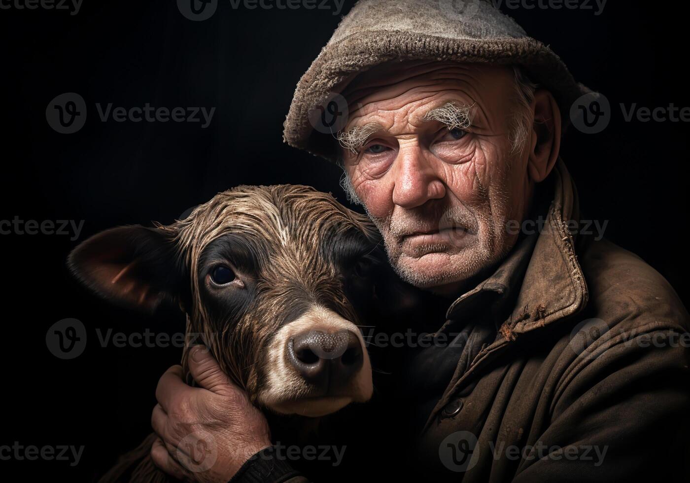 ai generato ritratto di un' momento di affetto fra un anziano uomo contadino e il suo mucca. cura e Attenzione. domestico e azienda agricola animali. foto
