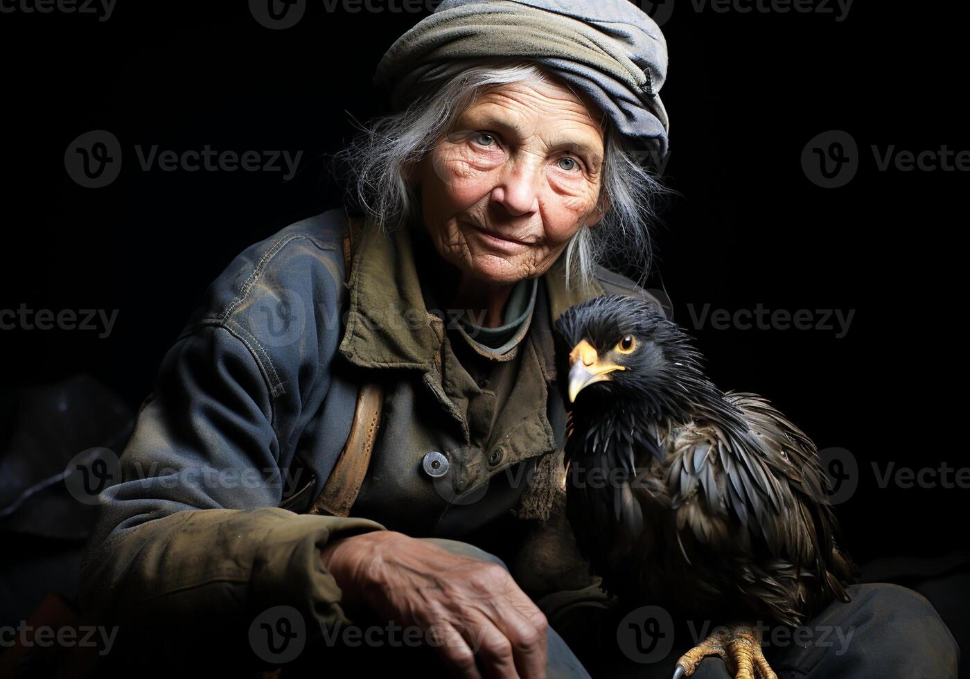 ai generato ritratto di un' momento di affetto fra un anziano donna e un aquila. cura e Attenzione. natura animali. foto