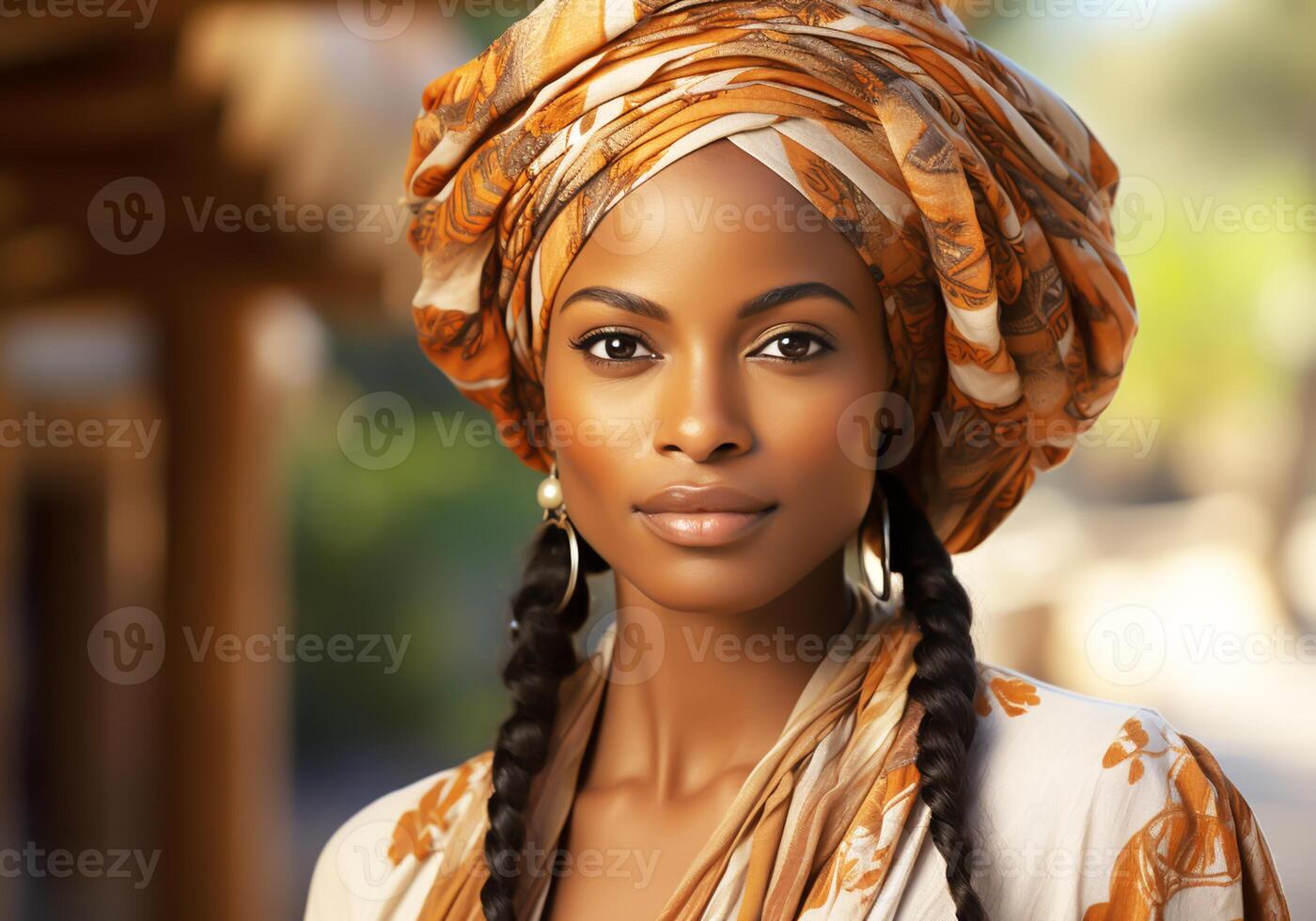 ai generato donna nel tradizionale Abiti e foulard. donna di giorno. tradizione e cultura foto