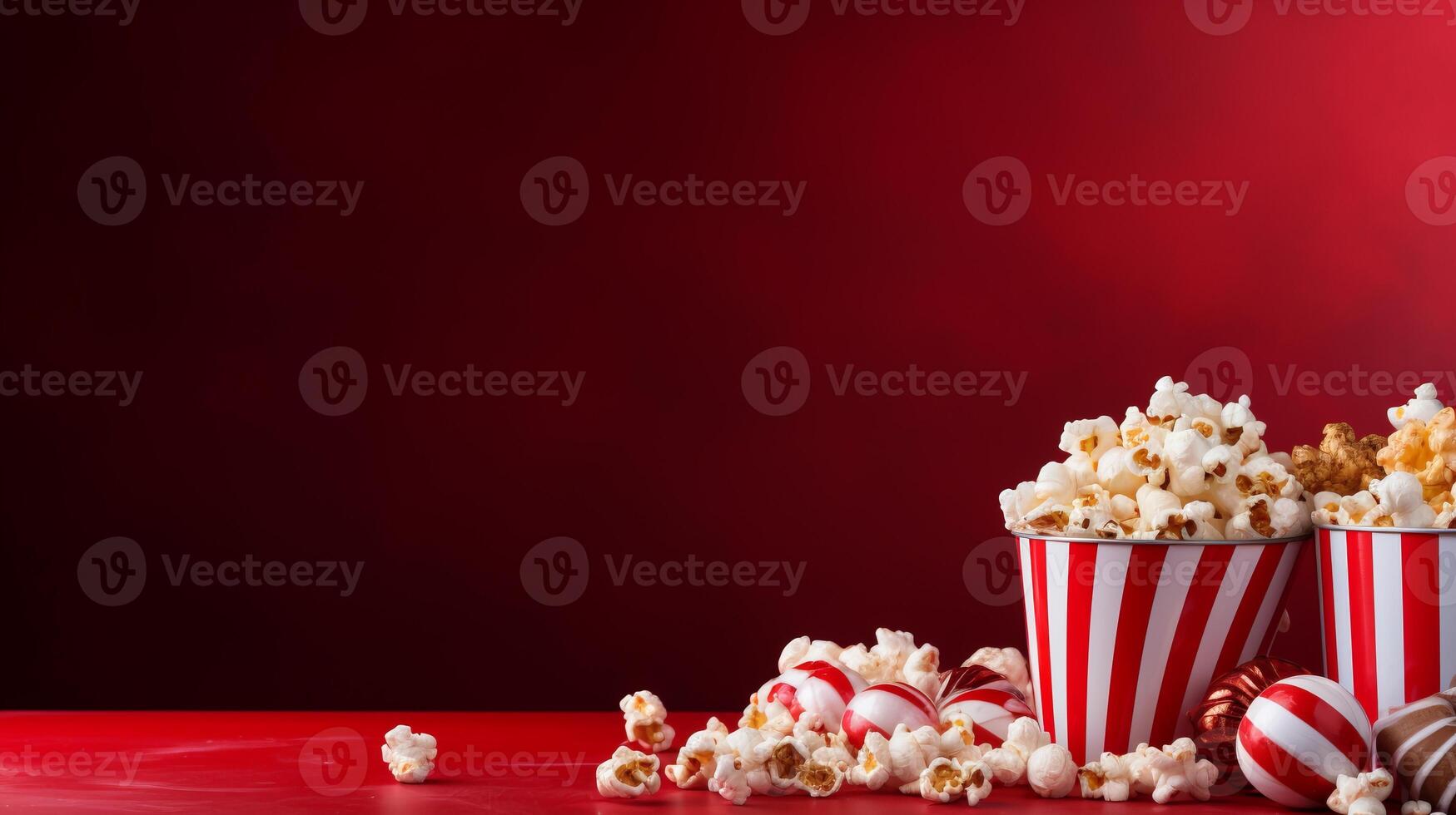 ai generato a strisce Popcorn scatola con delizioso Popcorn su rosso pendenza sfondo, ampio vuoto spazio per copia foto