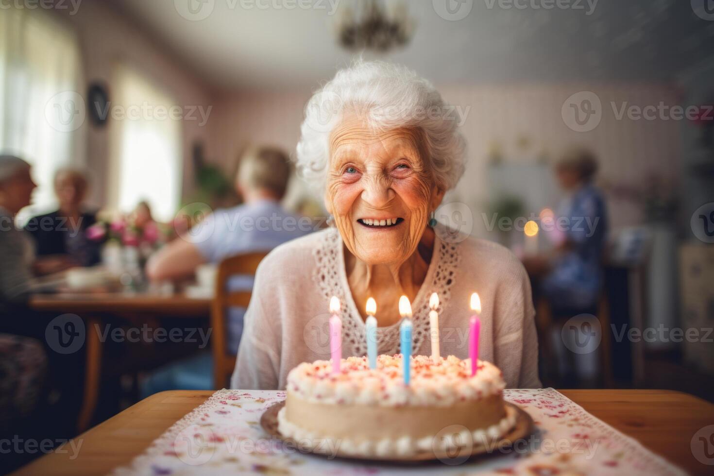 ai generato un anziano donna colpi su il candele su un' compleanno torta a sua casa foto