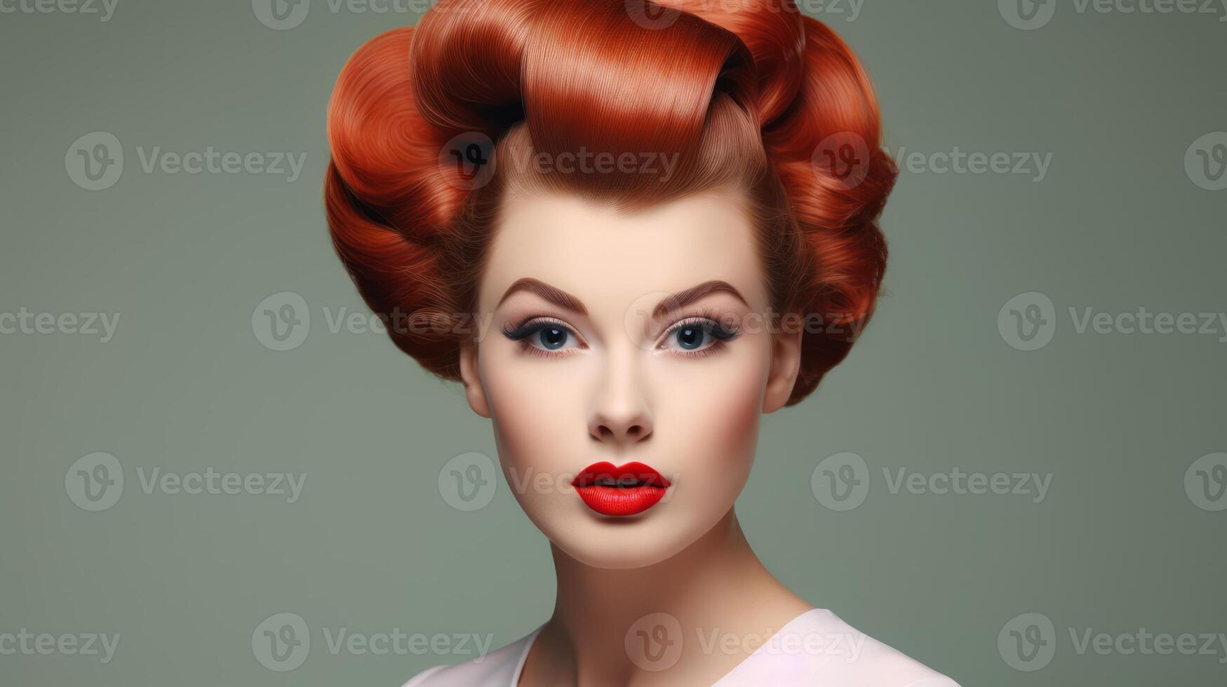ai generato testa Rossa donna con styled capelli con vittoria rotoli nel Vintage ▾ moda stile. per uso nel bellezza tutorial, retrò moda si diffonde, capelli messa in piega guide, e trucco abilità artistica foto