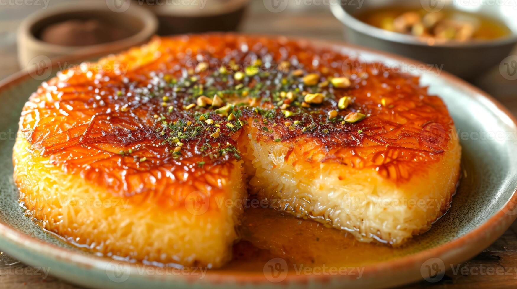 ai generato Kunafa, dolce piatto di Arabo cucina. d'oro, croccante simili ai vermicelli Pasticcino su superiore con fuso formaggio sotto, servito su un' piatto con sciroppo e un' spruzzatina di pistacchi. foto