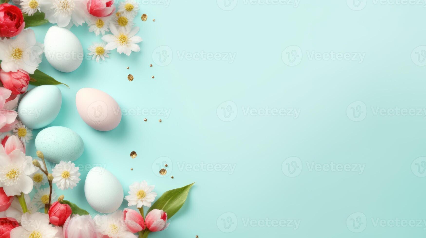 ai generato telaio sfondo con Pasqua dipinto uova con fiori su leggero blu pendenza sfondo. bandiera con copia spazio. Perfetto per Pasqua promozione, primavera evento, vacanza saluto foto