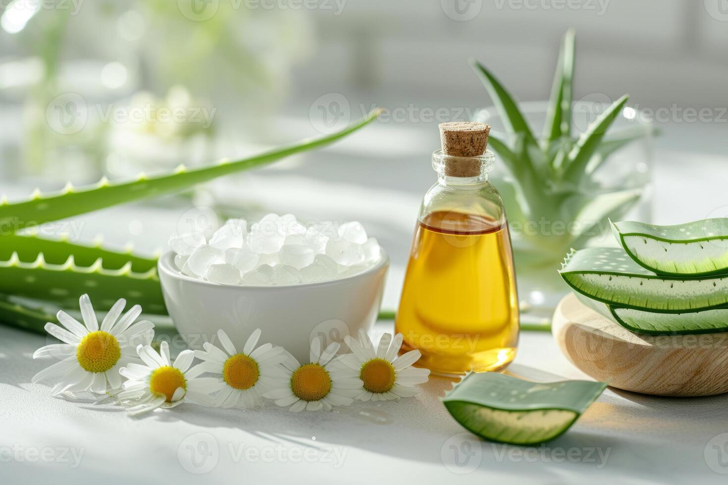 ai generato naturale cura della pelle ingredienti. aloe Vera e camomilla su estate sfondo. generativo ai foto