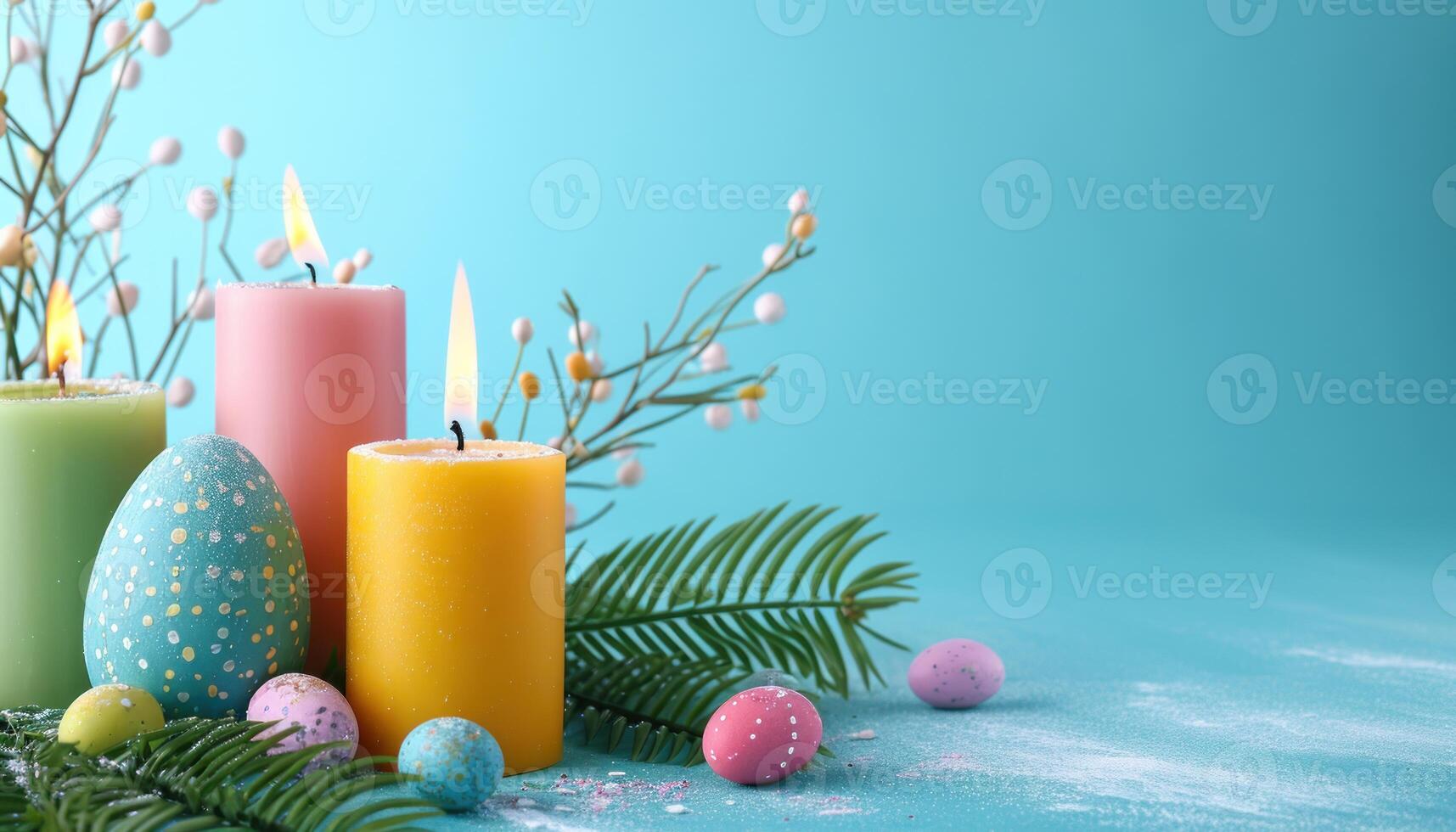 ai generato Pasqua uova candele con salice rami e palma le foglie su un' blu sfondo, palma Domenica decorazioni concetto foto