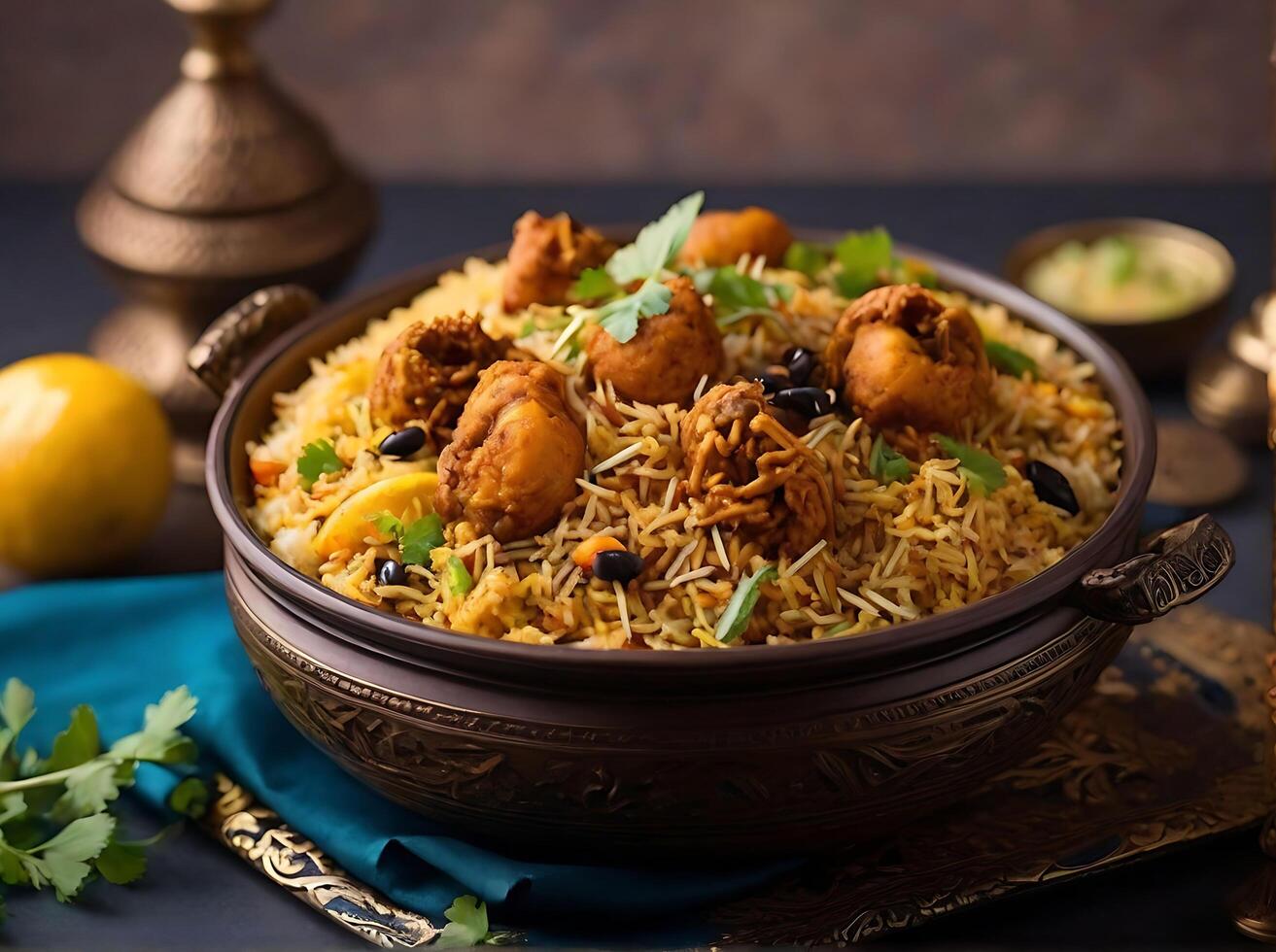 ai generato delizioso arabiq pollo biryani su Ramadan. delizioso Ramadan iftar cibo Immagine. ai generato foto