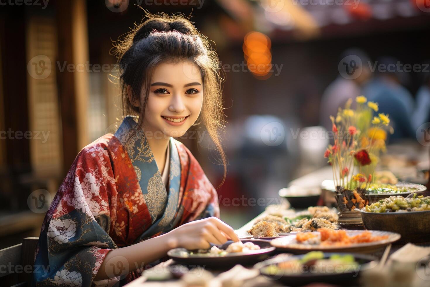 ai generato bella contento sorridente asiatico giovane donna nel tradizionale Abiti chimono a strada Festival mangiare strada cibo foto
