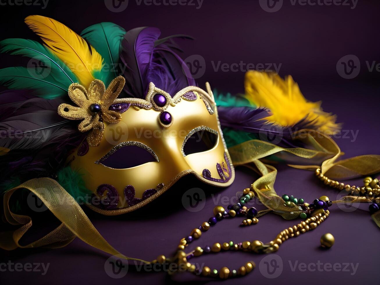 ai generato un' mardi gras maschera e perline su un' viola sfondo foto