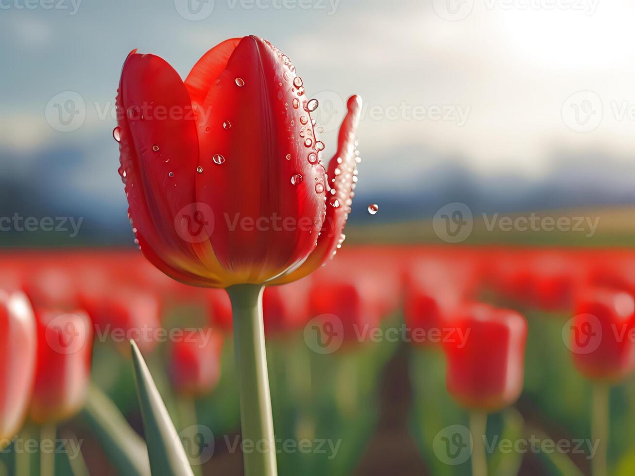 ai generato un' rosso tulipano con acqua goccioline su esso nel un' campo foto