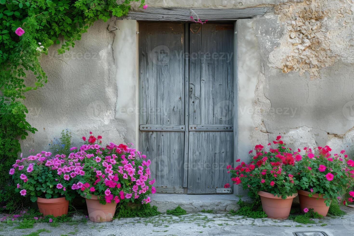 ai generato davanti porta circondato di fiori. generativo ai foto