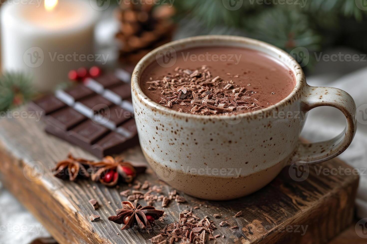 ai generato delizioso naturale cacao bevanda con cioccolato nel un' boccale su il tavolo. un' fonte di vitamine e energia foto