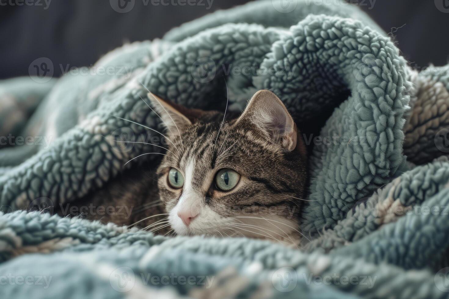 ai generato carino gattino riposa su morbido lenzuolo. gatto tra un' a maglia tessuto lenzuolo. generativo ai foto