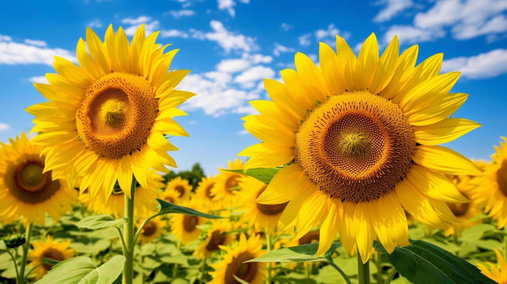 ai generato vivace giallo girasole fiori nel un' verde prato sotto foto