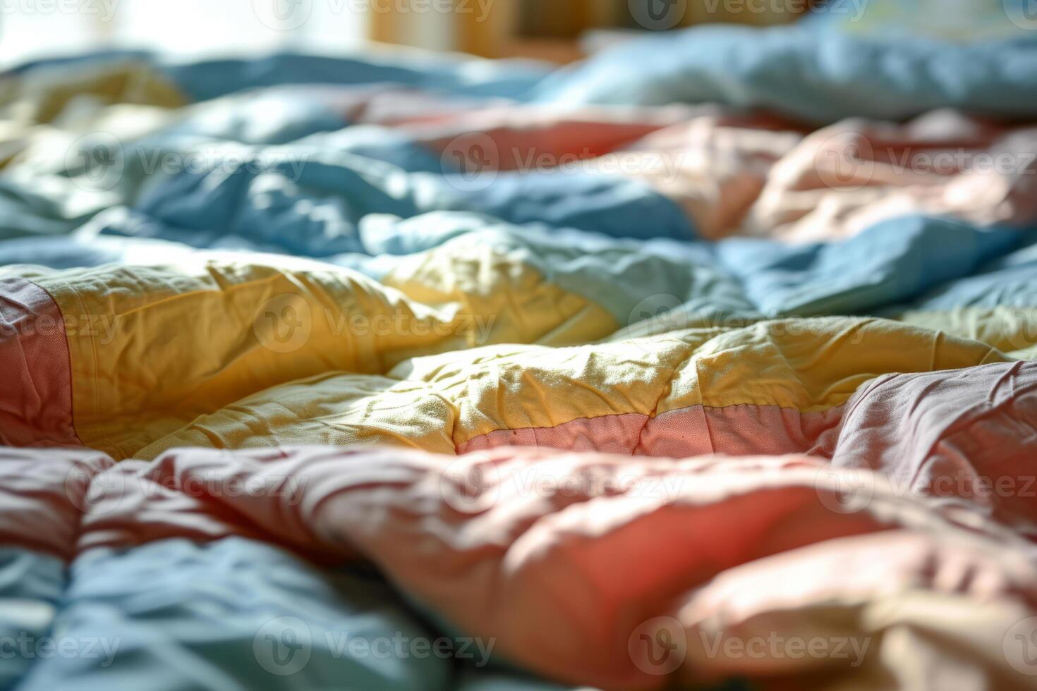 ai generato colorato pastello colorato trapuntato coperta su un' letto. generativo ai foto