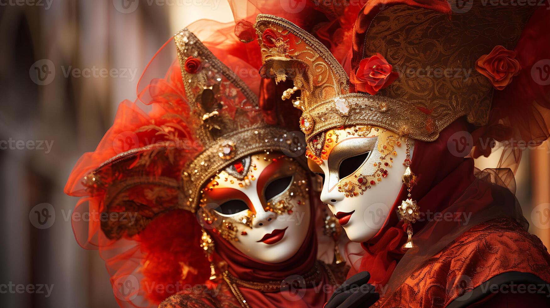 ai generato carnevale Festival nel Venezia coppia di barocco maschere foto