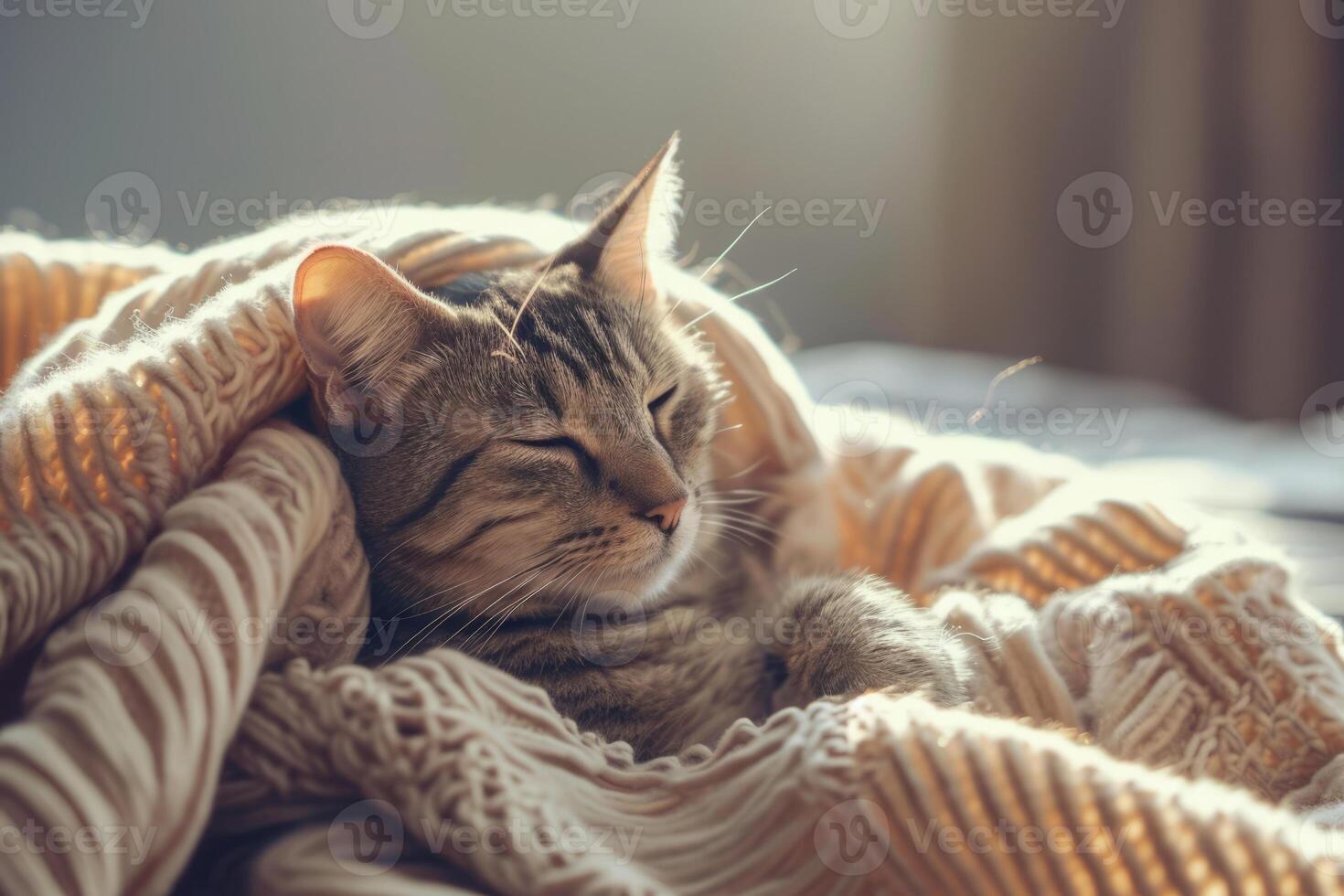 ai generato carino gattino riposa su morbido lenzuolo. gatto tra un' a maglia tessuto lenzuolo. generativo ai foto