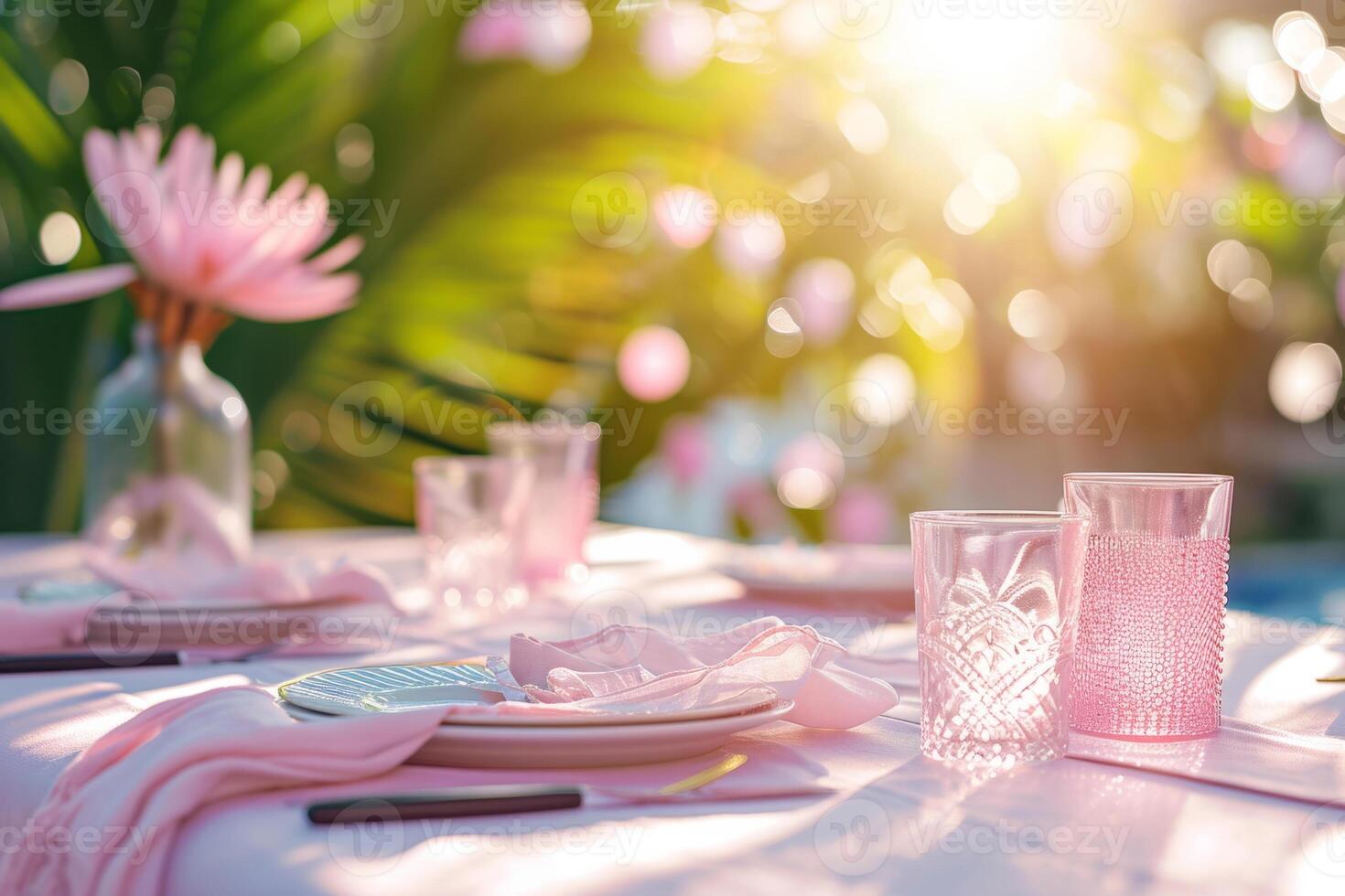 ai generato all'aperto pranzo tavolo ambientazione con fiori. romantico tavolo ambientazione con tovaglia, piatti, cristallo calici, bellissimo mazzi di fiori. generativo ai foto