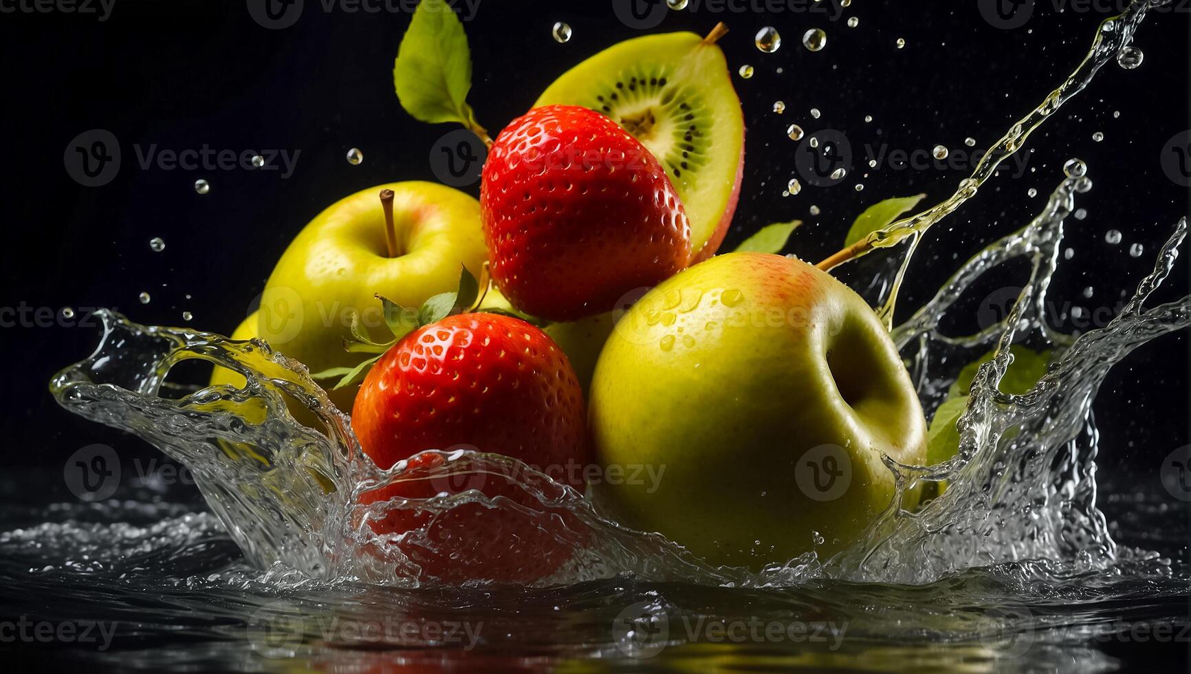 ai generato fresco maturo frutta e fragola, acqua gocce, spruzzo foto