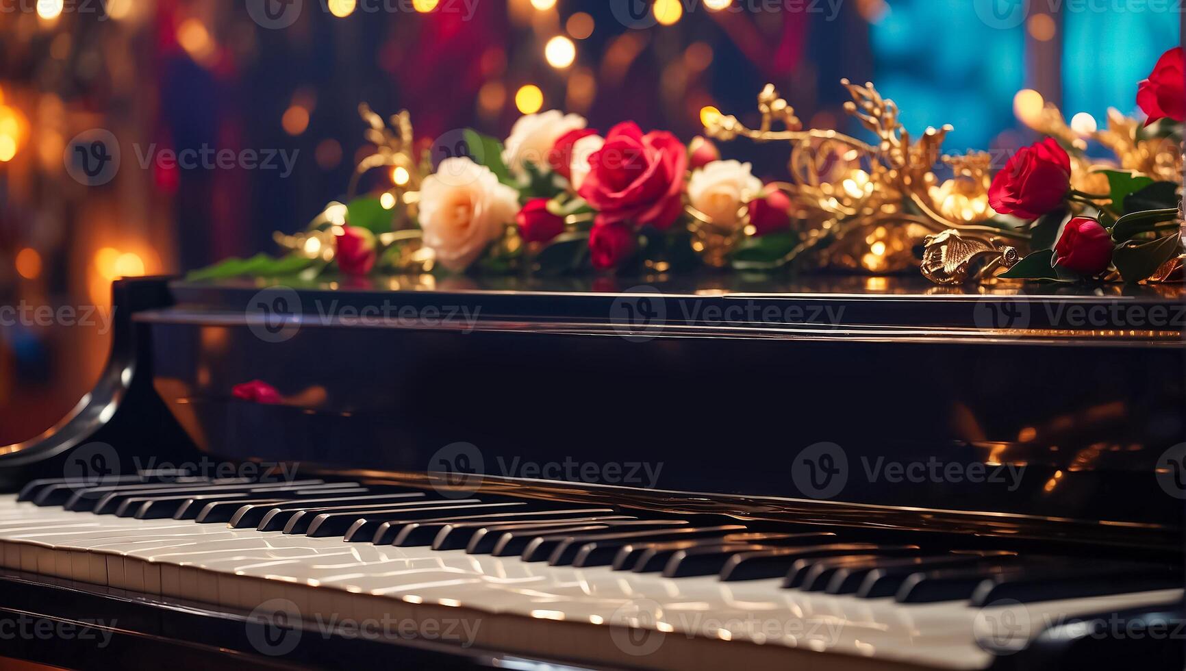 ai generato nero pianoforte, fiori avvicinamento foto