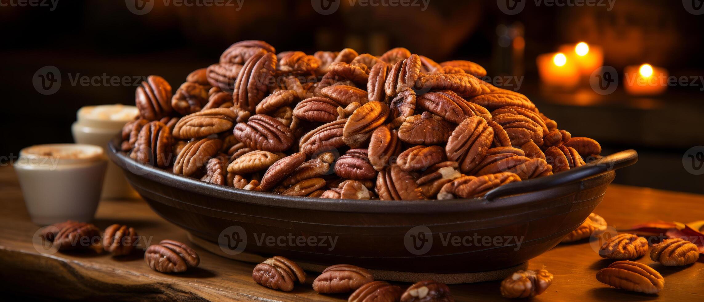 ai generato Noci Pecan nel un' ciotola su un' rustico di legno tavolo. foto