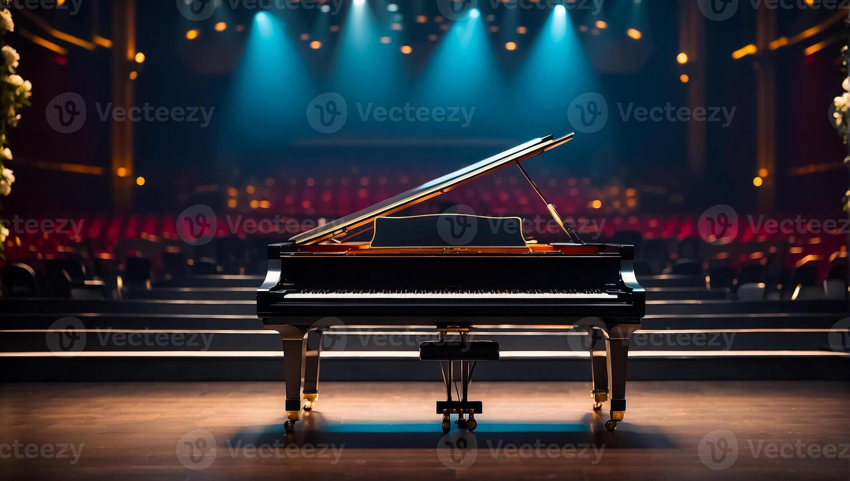 ai generato bellissimo nero pianoforte nel il concerto sala foto