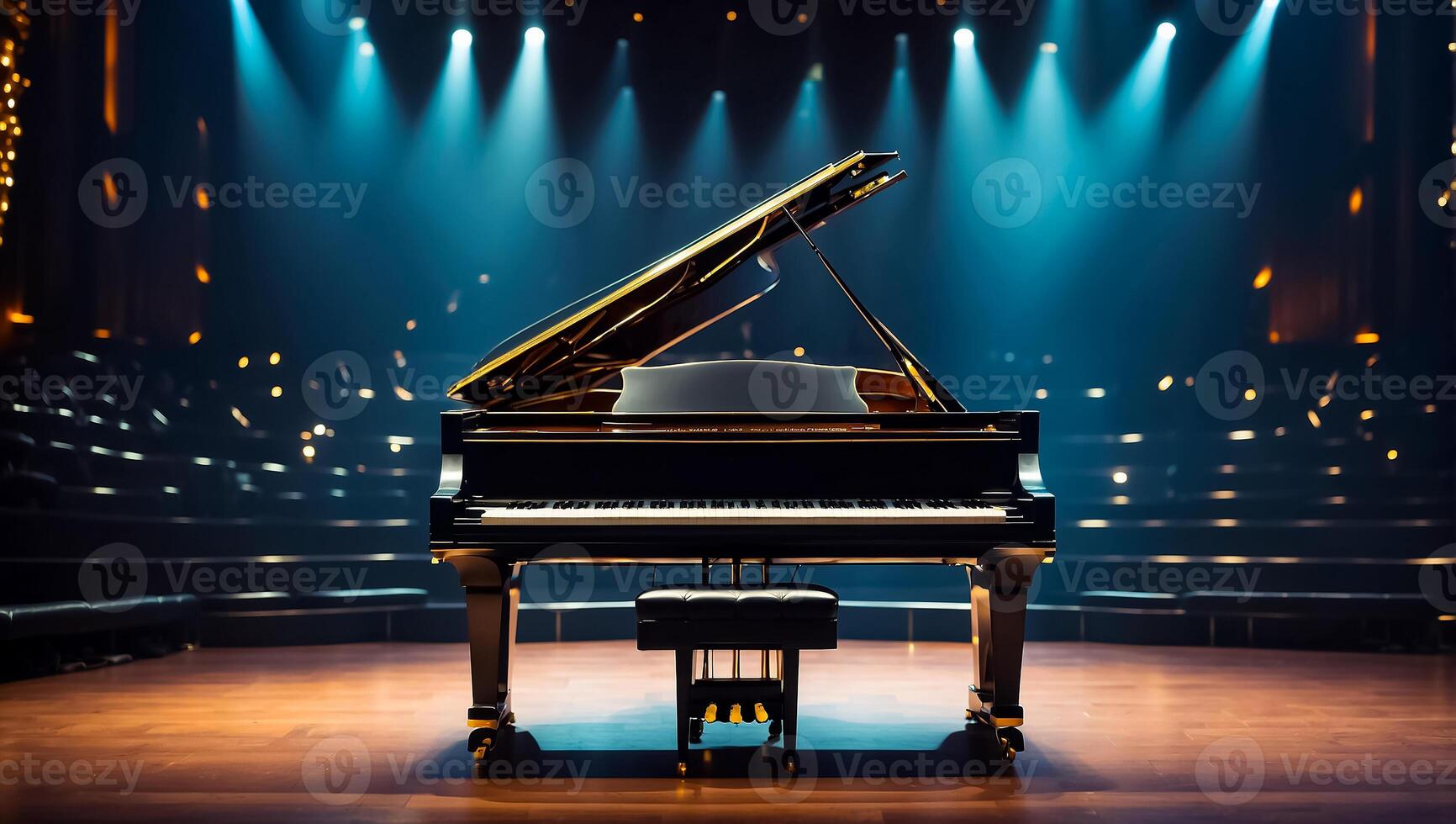 ai generato bellissimo nero pianoforte nel il concerto sala foto