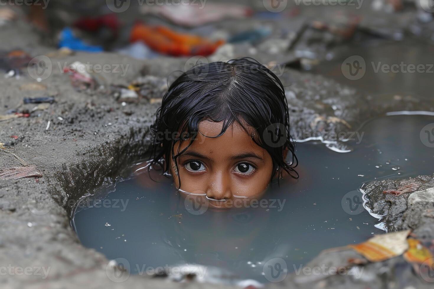 ai generato povero indiano bambini fare il bagno nel il liquame acqua drain nel il villaggio foto