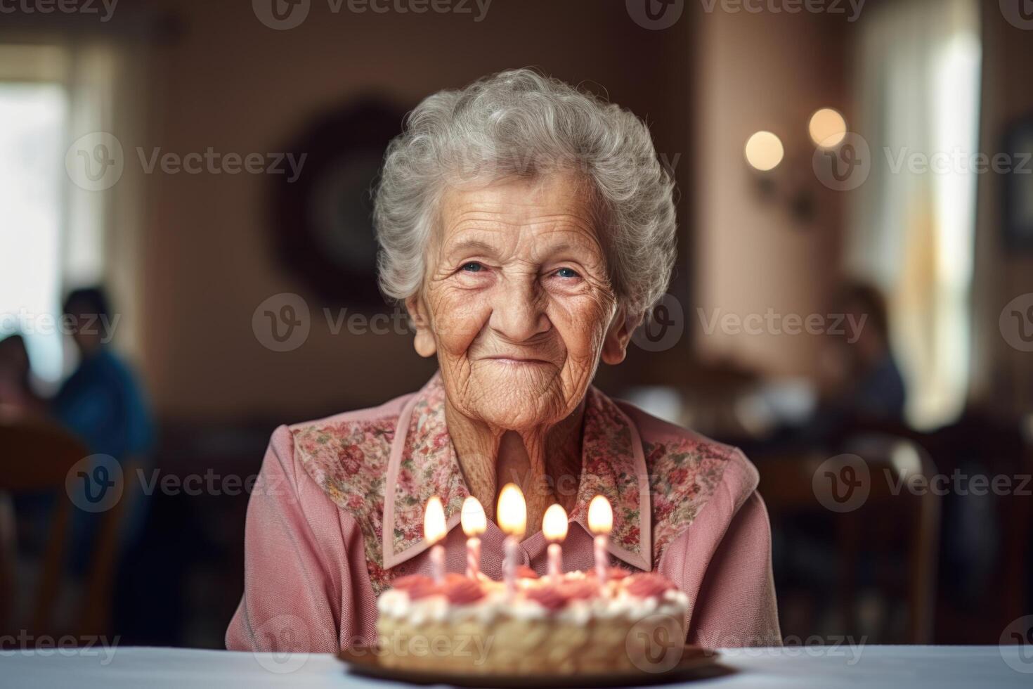 ai generato un anziano donna colpi su il candele su un' compleanno torta a sua casa foto