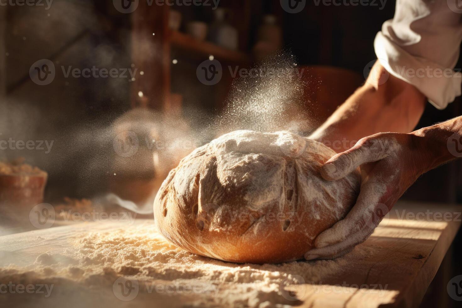 ai generato il panettiere capocuoco impastare il Impasto su il pane cottura al forno tavolo foto